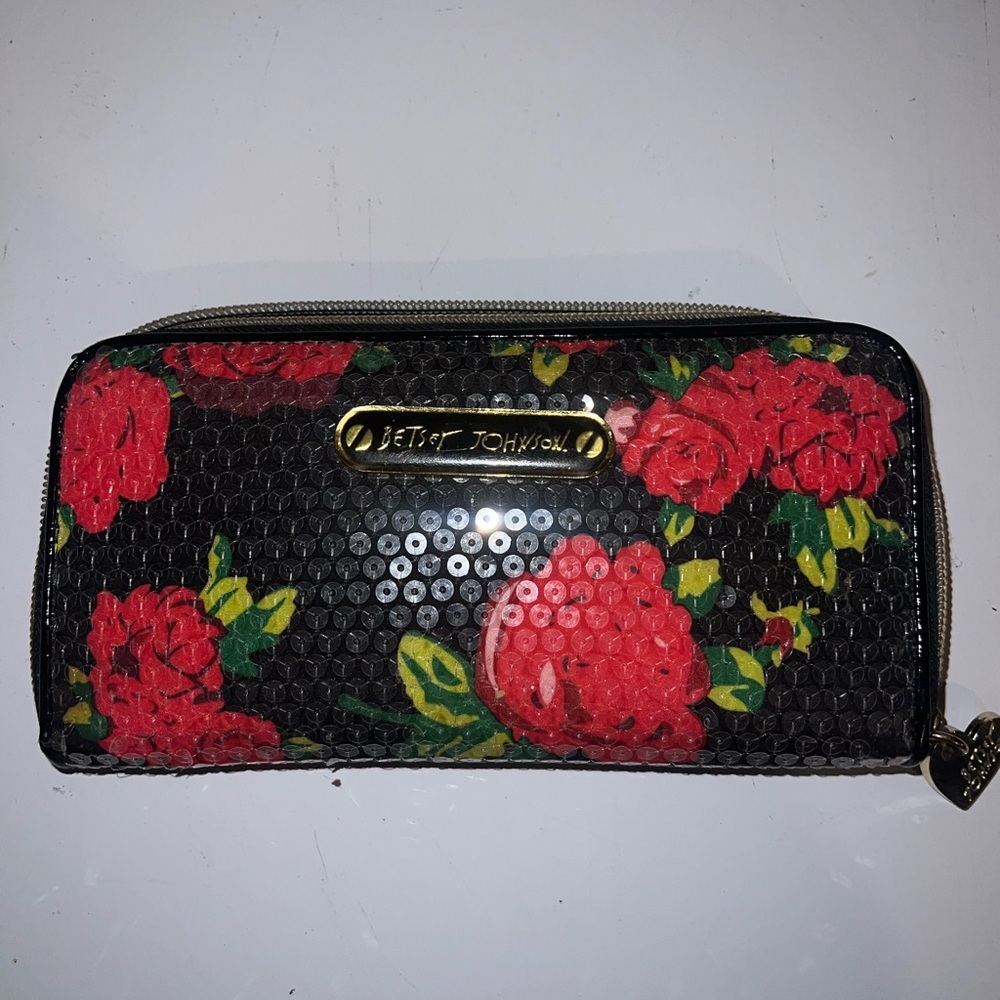 Betsey Johnson Black Wallet with Red Floral Design